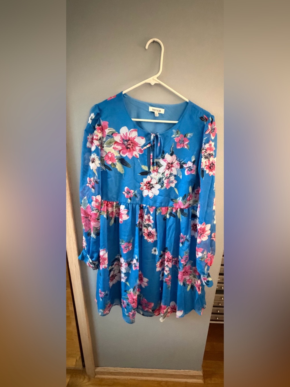 Kensie Bright Blue Floral Tie-Neck Long Sleeve Dress